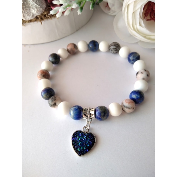 Lapis lazuli, jáspis és jade ásvány karkötő druzy szívvel