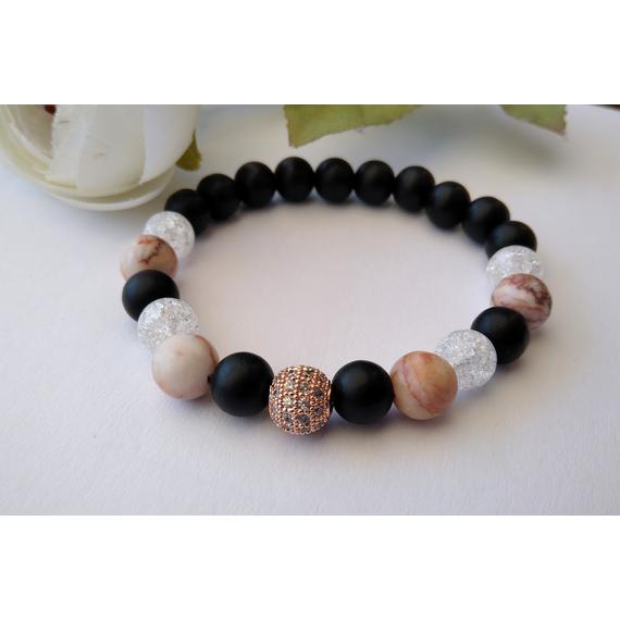 Rose gold fekete cirkon gömbbös ásvány karkötő